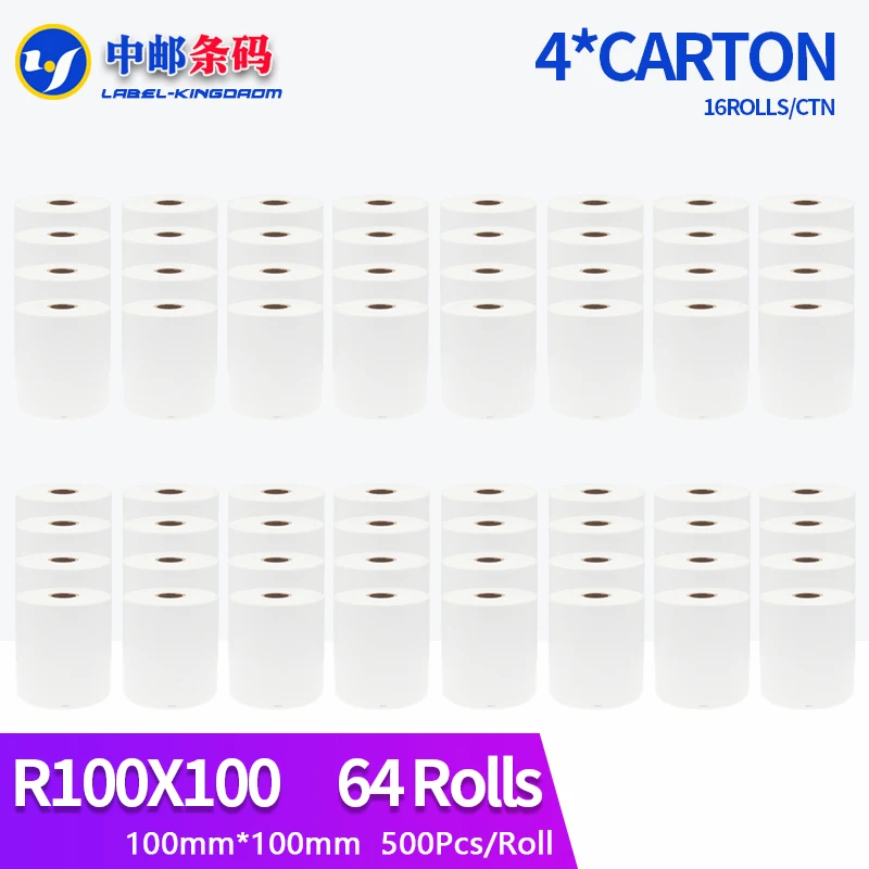 

64 Rolls Zebra Compatible 100mm*100mm (4"X4" Shipping Label) 500Pcs/Roll For Thermal Printer 10cmX10cm