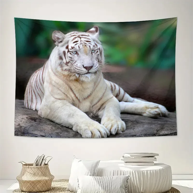 Majestic White Tiger Wildlife Tapestry Wall Art Print Jungle Mural Hanging for Modern Living Room Home Decoration Decor