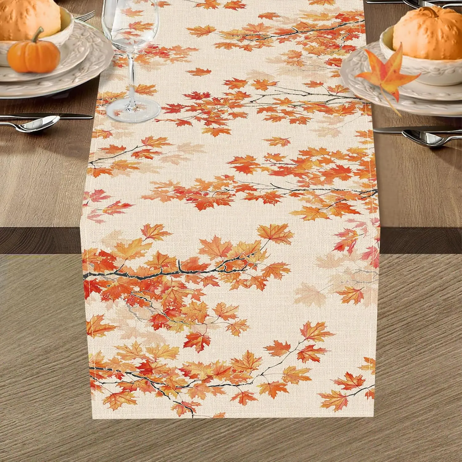فروع حصاد الخريف أوراق القيقب الكتان الجدول عداء ديكور الحفلات مزرعة المطبخ طاولة طعام عداء زينة عيد الشكر #5