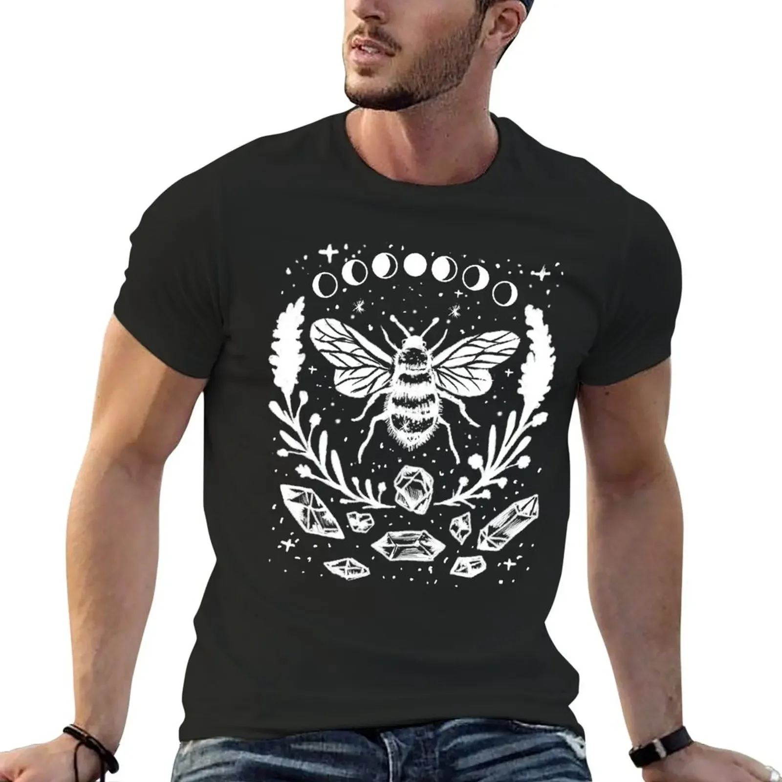 Honey Bee, Moon Phases, Crystals Witchy Gothic Punk T-Shirt summer clothes graphic shirts T-shirts for men cotton