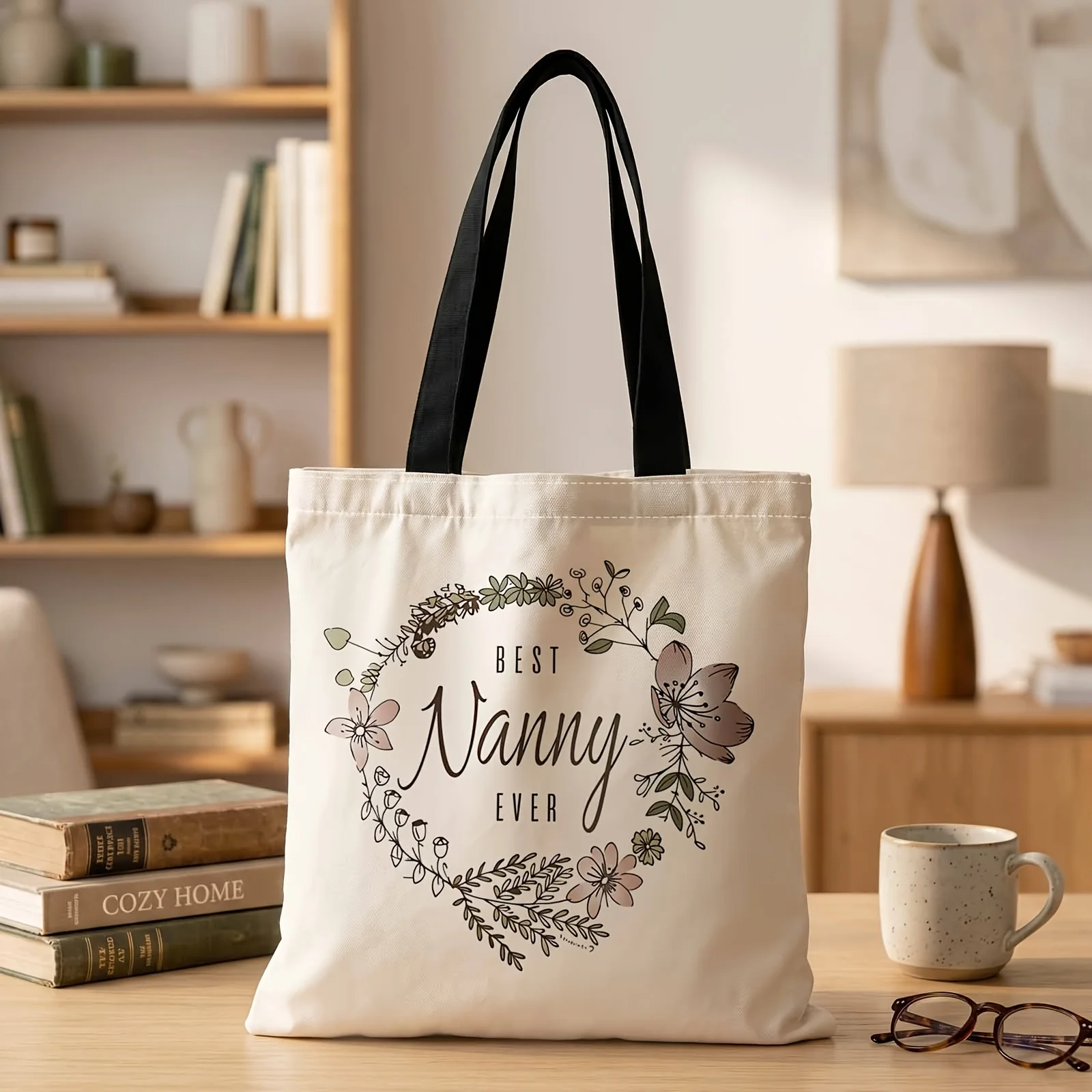 Korean Gentle Style Floral Wreath Best Nanny Ever Text Pattern Tote Bag Large Capacity Suitable for Shopping Outdoor Travel