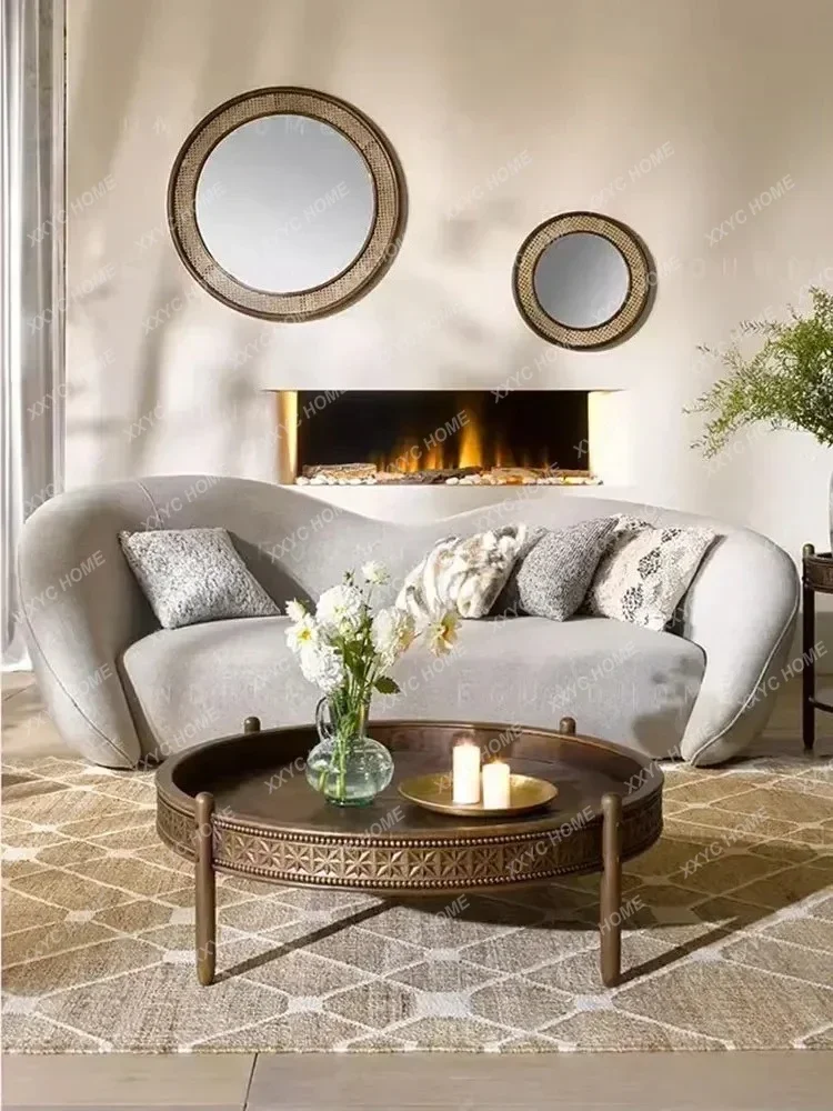 HMJV   Medieval Round Solid Wood Coffee Table Living Room Engraved Creative Small Tea Table