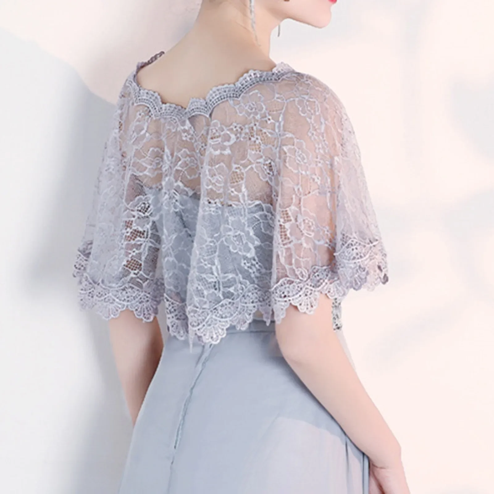 Fashion Ruffled Neck Lace Thin Shawl For Oktoberfe Solid Color Crop Top Women Elegance Lightweigh Flower Hollow Out Cool Blouse