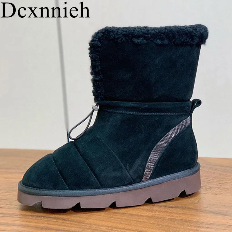 Flat Thick Bottom Fur Snow Boots Women Kid Suede Elastic Band Round Toe Wool Lining Platform Mid Calf Boots Winter Short Boots