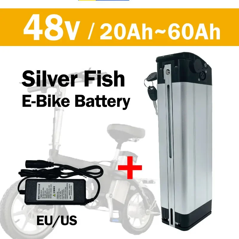 

4-pin 18650 battery 48V 20Ah-60Ah Silverfish style bicycle battery, 48V lithium battery aluminum shell anti-theft lock+charger