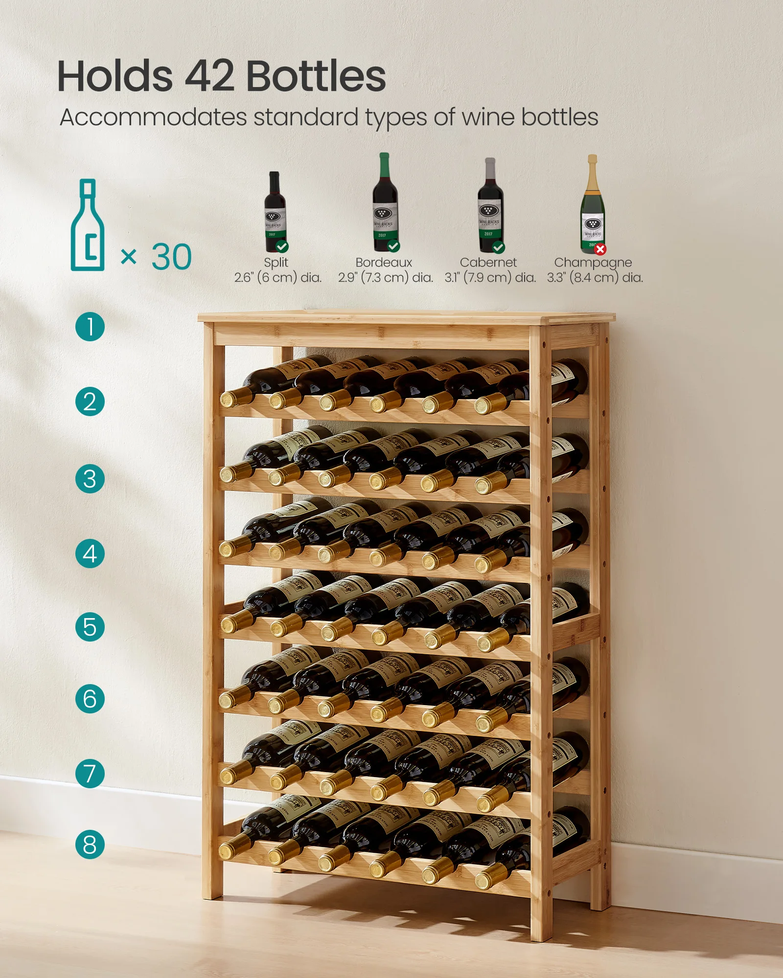 SONGMICS estante de 42 botellas de vino, estante de pie libre, exhibición de 7 niveles, estantes de almacenamiento de vino con sobremesa