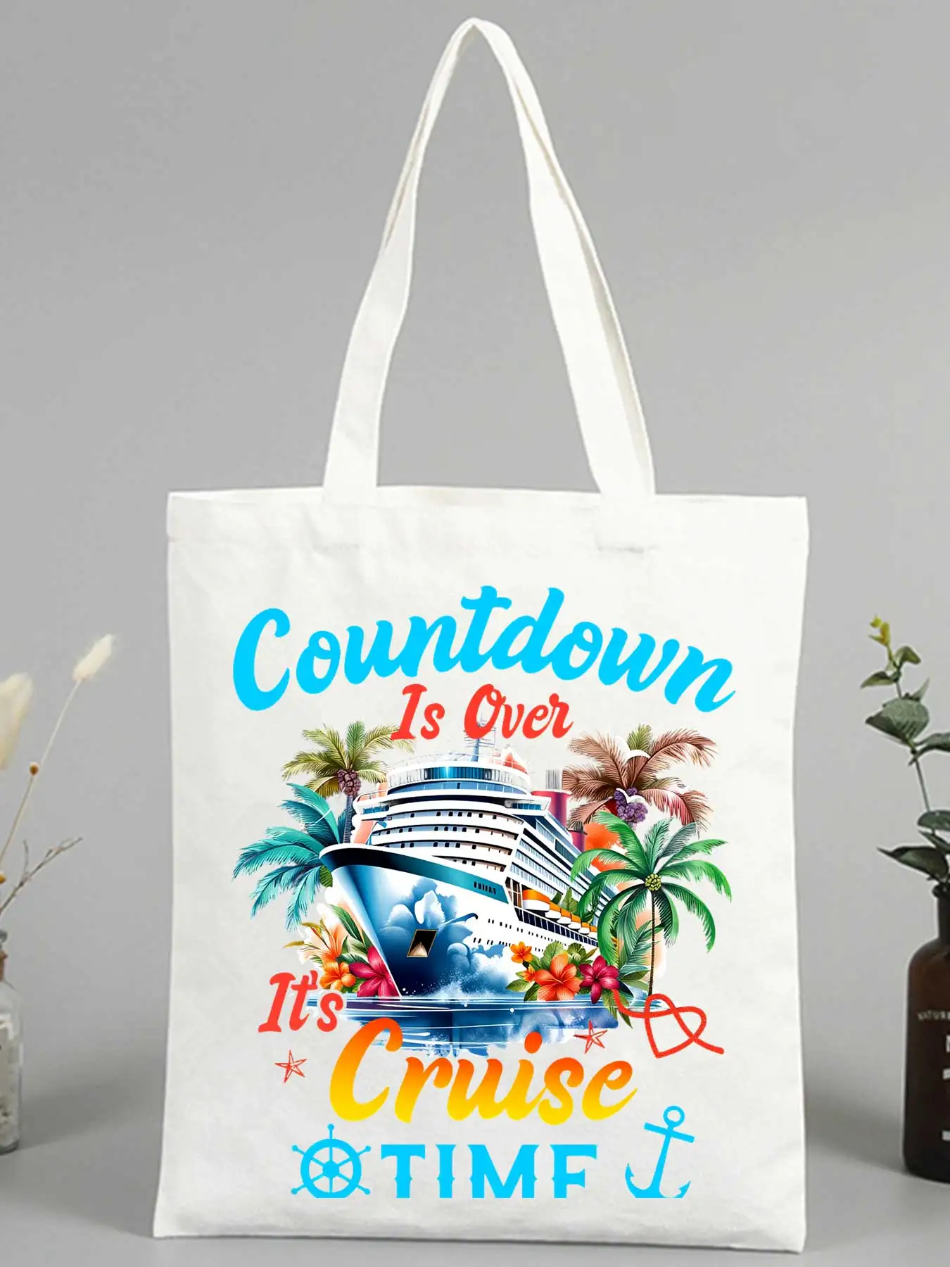 cruise ship and palm tree graphic canvas tote bag, casual style for summer travel and beach outings