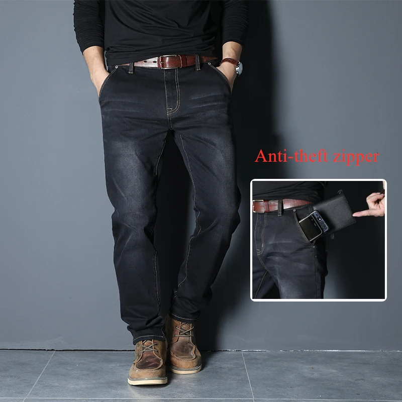 

2025 Новые мужские брендовые синие, черные джинсы, свободные прямые эластичные джинсовые брюки с защитой от кражи на молнии, мужские большие размеры 40, 42, 44 46 48