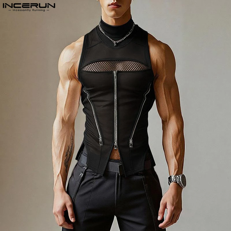INCERUN Men Tank Tops Mesh Patchwork Turtleneck Sleeveless Male Vests Streetwear Summer Zipper Sexy See Through Men Clothes Tops