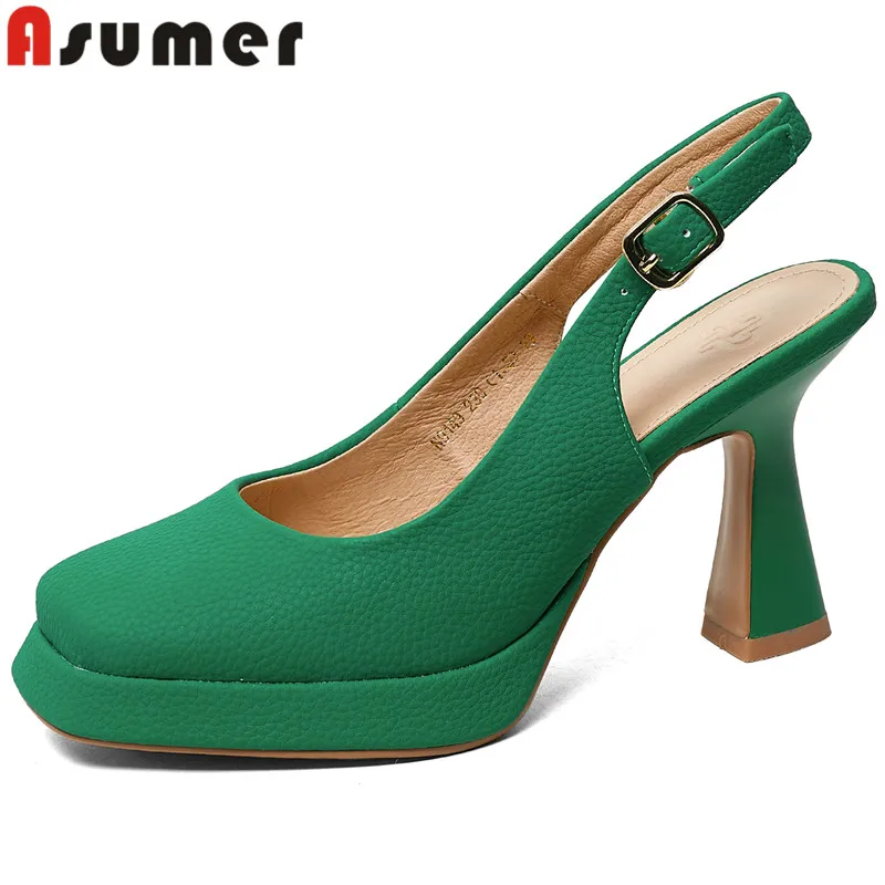 

ASUMER 2024 New Back Strap Genuine Leather Dress Sandals Ladies Square Toe Summer Shoes Buckle Thick High Heels Platform Sandals