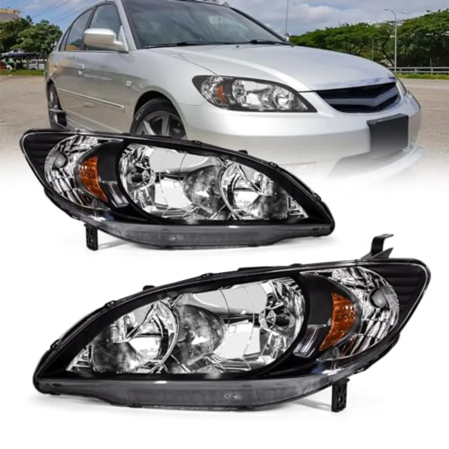 

Фары в сборе для Honda Civic 2004-2005 годов, совместимые с Honda Civic 2/4-дверными моделями 2004-2005 годов, с черным корпусом и янтарным отражателем, замена.
