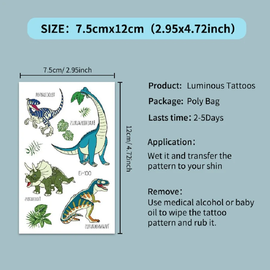 12 ورقة تتوهج في الظلام ديناصور الوشم مقاوم للماء المؤقتة T-ريكس التيروصور الاطفال هيئة الفن لوازم الحفلات تخزين ستوفير جودي