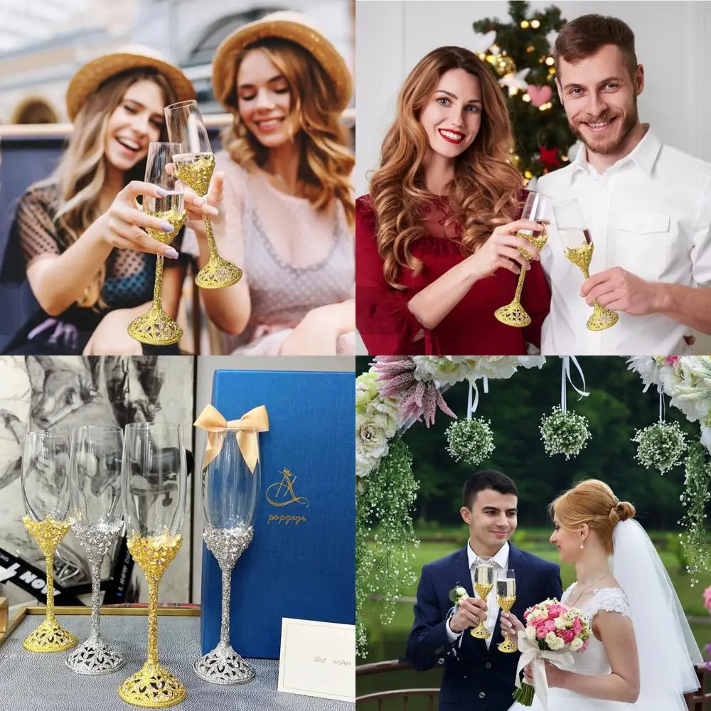 

Набор из 2-х хрустальных бокалов для шампанского с золотой окантовкой (7 унций), идеально подходят для свадебных тостов, декора, подарков на помолвку или для пар.