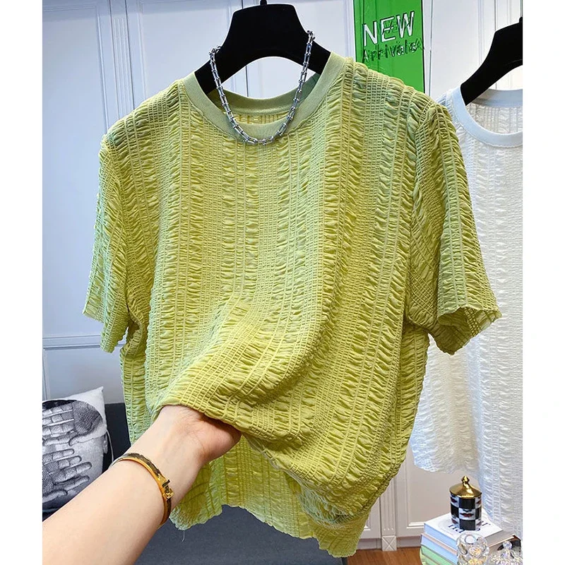 LIBIELIY Fashion O-Neck Short Sleeve Korean Solid Color Folds T-Shirts Men's Clothing 2024 Summer New Loose Casual Tops England