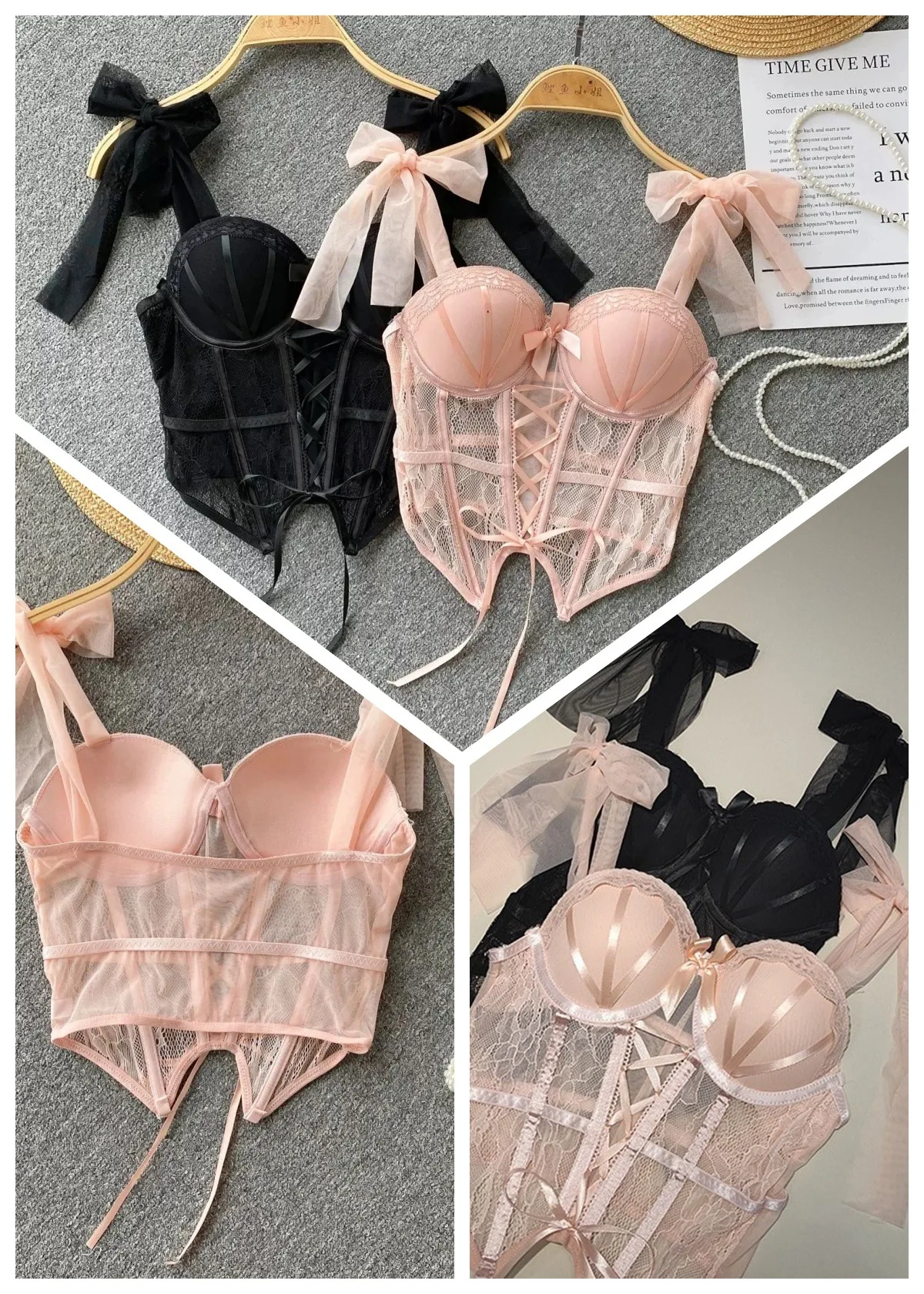 Conjunto de lencería sexy de encaje: Top halter con diseño de espina de pescado y almohadillas, parte inferior fina y parte superior gruesa, para mujer.