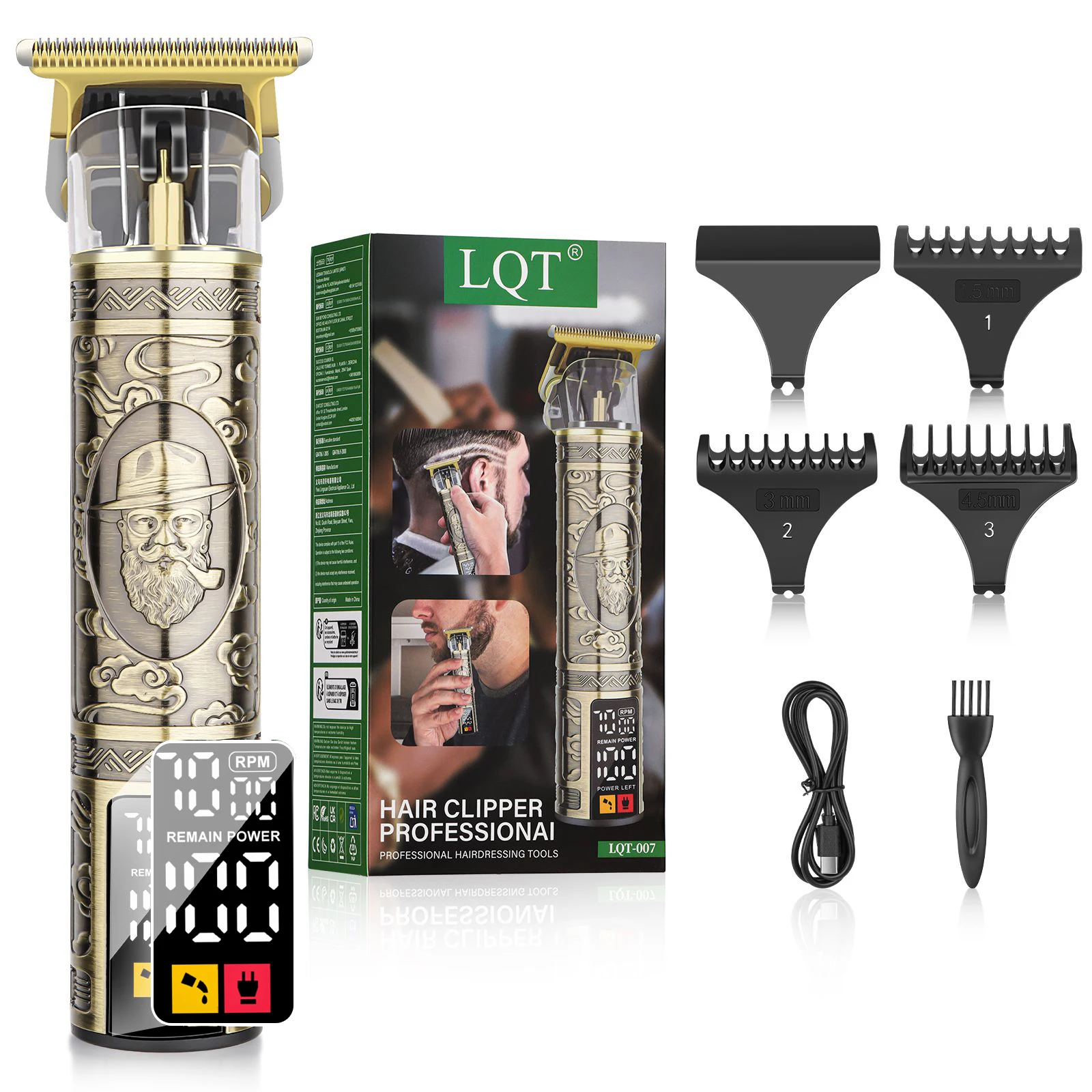 Retro Hair Trimmer For Men LCD Digital Display USB Rechargeable Barber Hair Clipper Beard Shaver With Limit Combs Haircut Kit