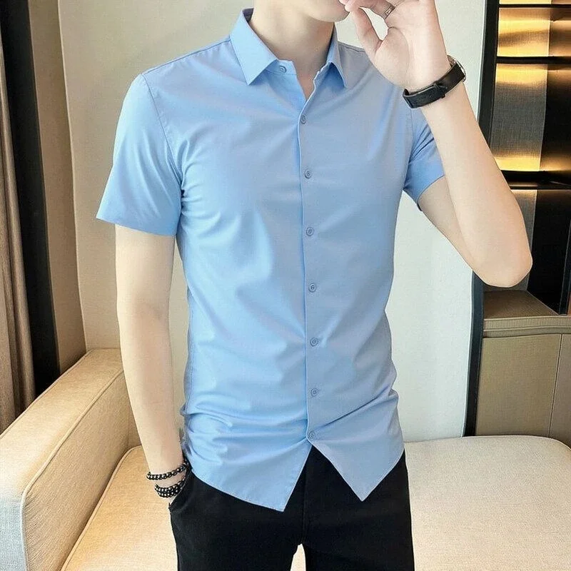 

Short Sleeve Black Blue Shirts for Men Business White Plain Man Shirt Tops Fashion 2025 Casual New In Cheap Brand Aesthetic Sale