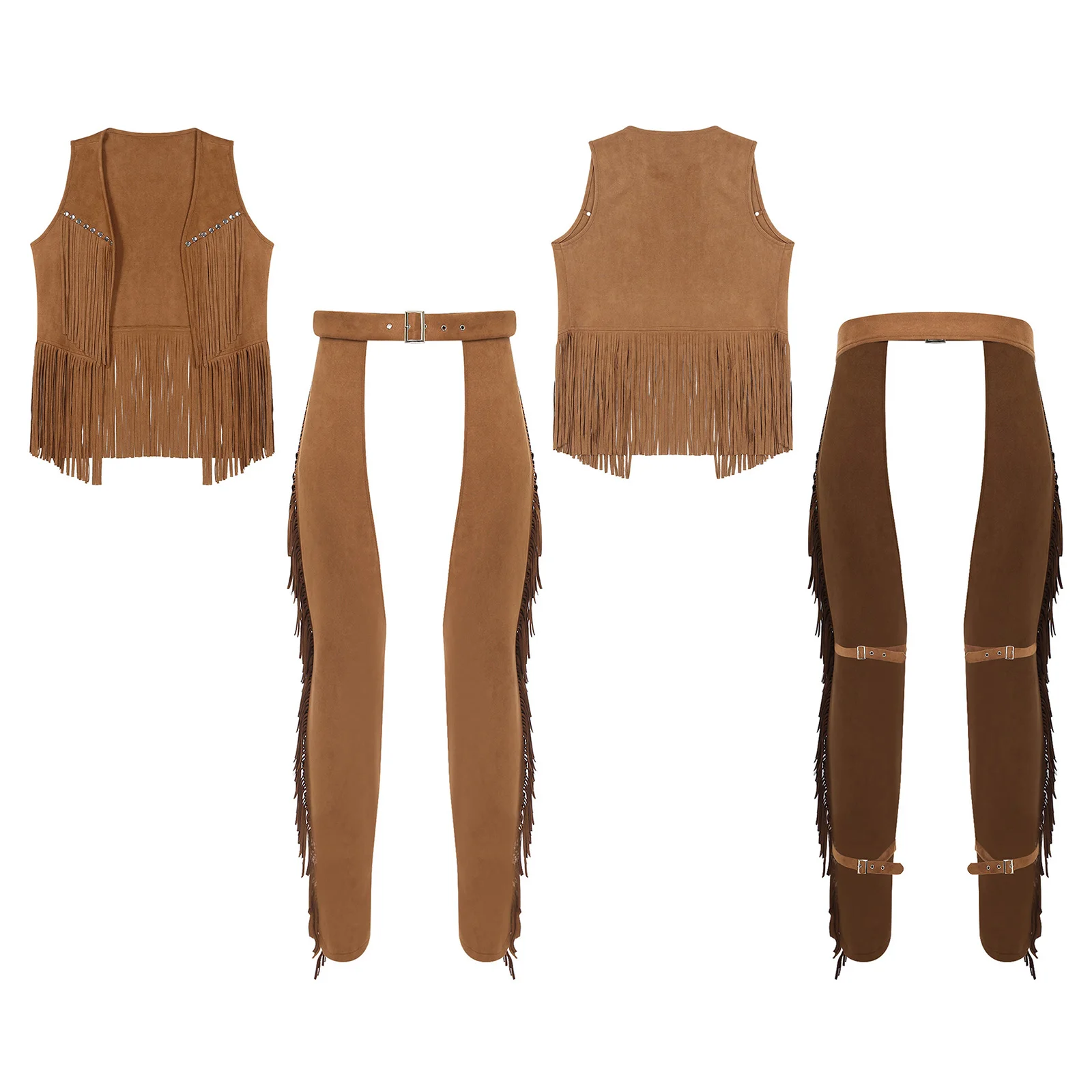 

Men Cowboy Chaps Rivets Outfits Halloween Cosplay Costume Tassel Waistcoat and Fringe Open Crotch Pants Clubwear Rave Party