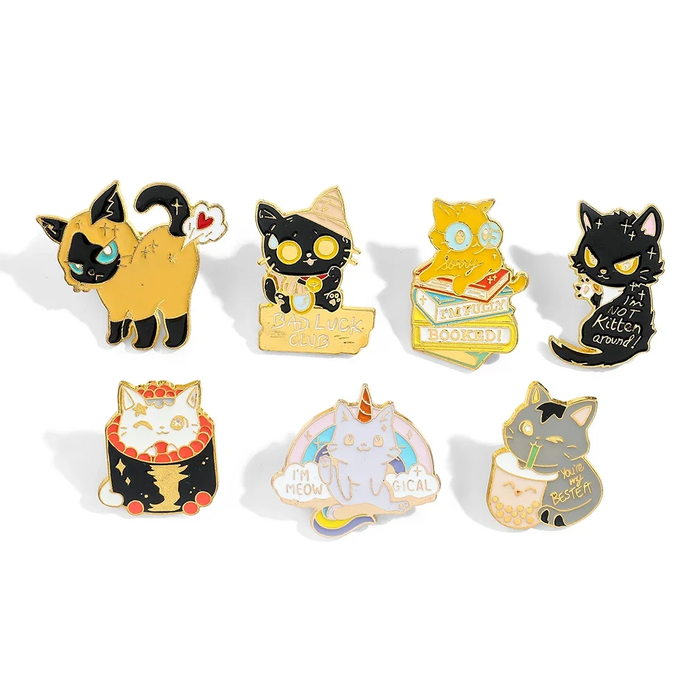 7 Pcs Cartoon Cat Brooch Cute Unicorn Love Animal Enamel Pin Fashion Milk Tea Book Metal Badge Jewelry Backpack Clothing