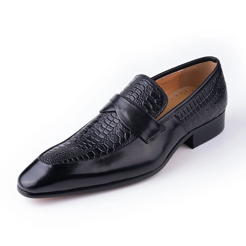 Zapatos de cuero genuino para hombres, vestido británico de fiesta de negocios, sin cordones, Punta Negra, traje Formal informal de moda, zapatos