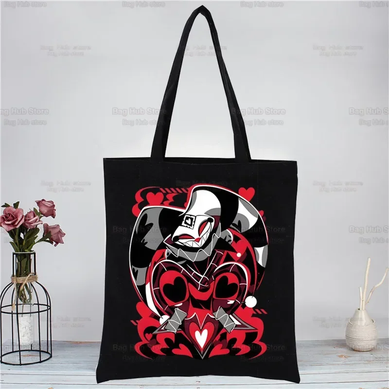 Cartoons Helluva Boss Canvas Tote Bag Mom Reusable Cloth Bag Handbag Shoulder Bags Harajuku Fashion Shopping Black Bags