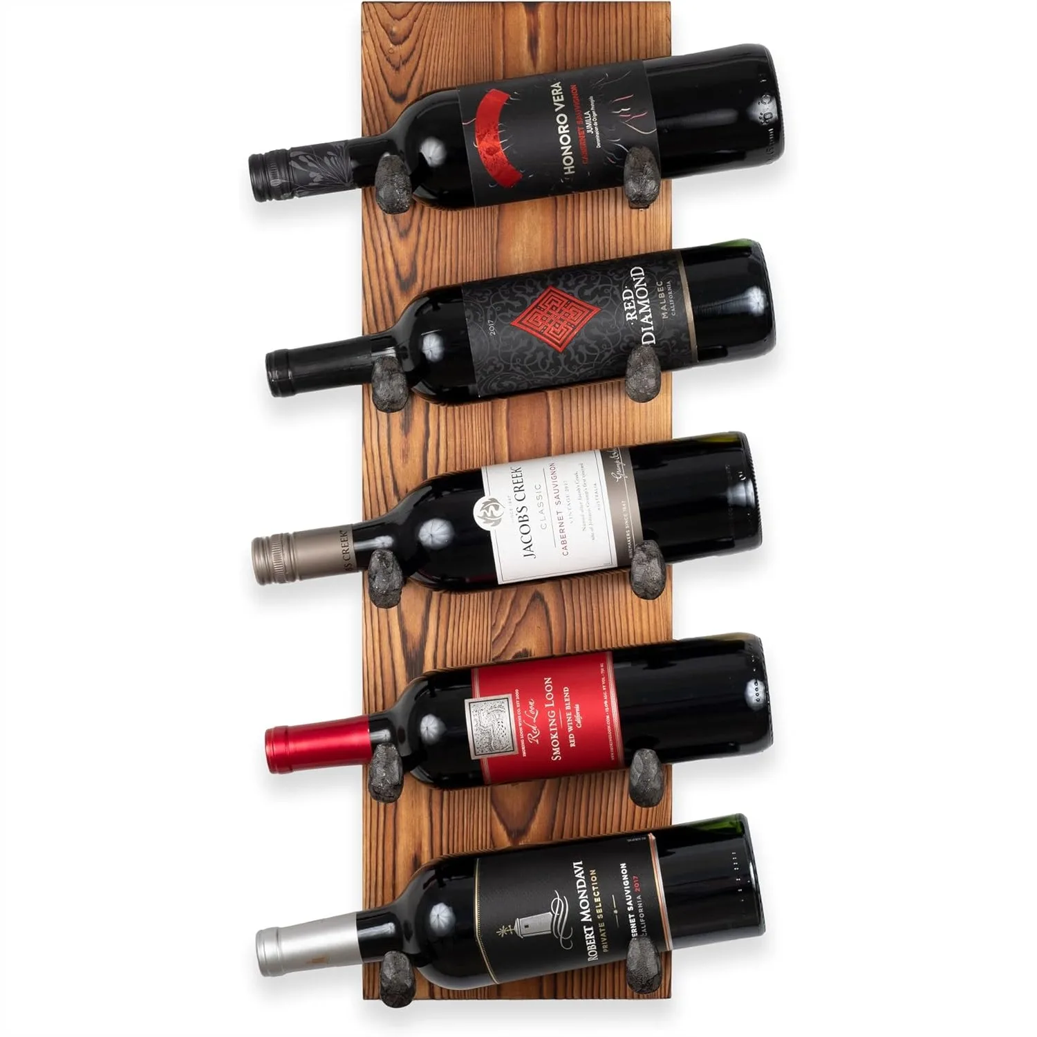 

Wall Mounted Reclaimed Wood Wine Rack for 5 Bottles, Rustic Farmhouse Bar Decor with Railroad Spike Hooks, Walnut