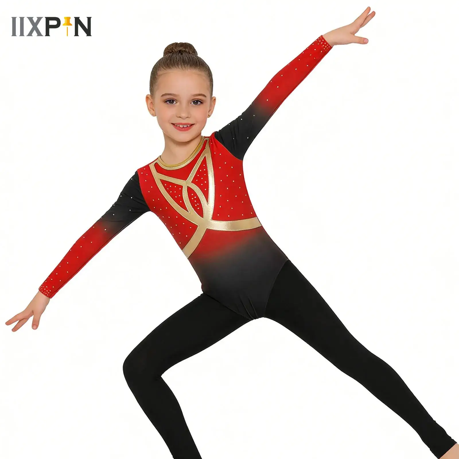 

Kid Girls Rhythmic Gymnastics Leotards Figure Skating Tights Performance Costume Long Sleeves Workout Jumpsuit+Vest+Leggings Set