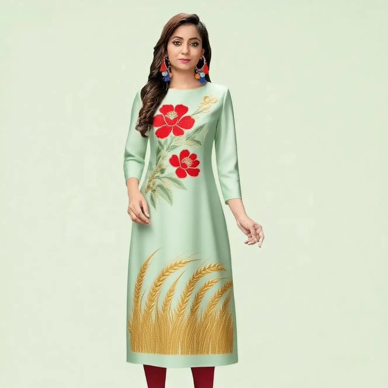 Kurt women's casual fashion dress long sleeved straight tube casual ethnic red flower round neck regular size design sense