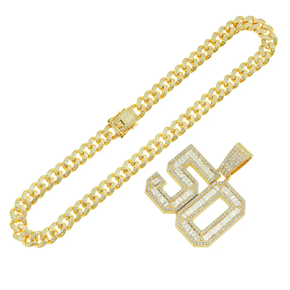 Hip Hop Number 50 Pendant Necklace for Men and Women with 15mm Rhinestone Cuban Chain Hip Hop Ice Crystal Shiny Necklace Fashion