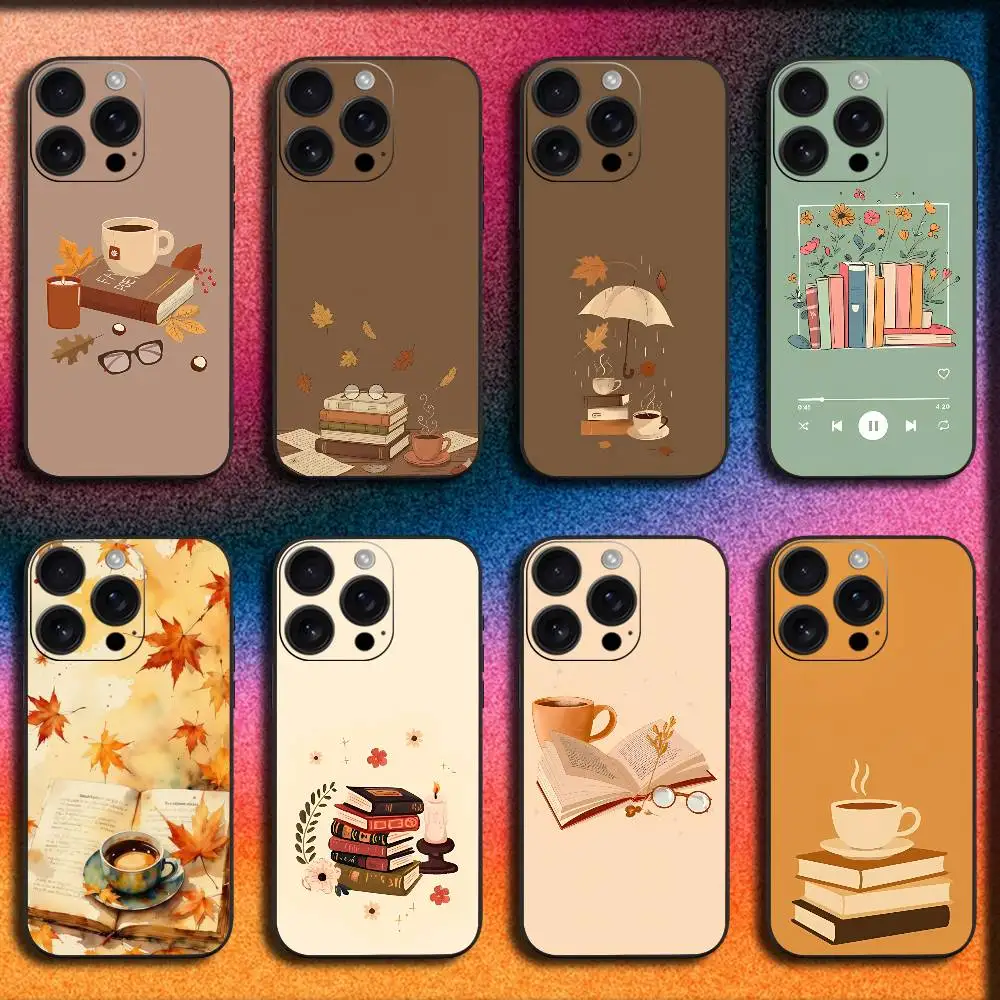 Libro da caffè con foglie autunnali per iPhone 17,16,15,14,13,12,11,Pro,Max,Plus,E,SE4,Air,Mini Cover nera per telefono