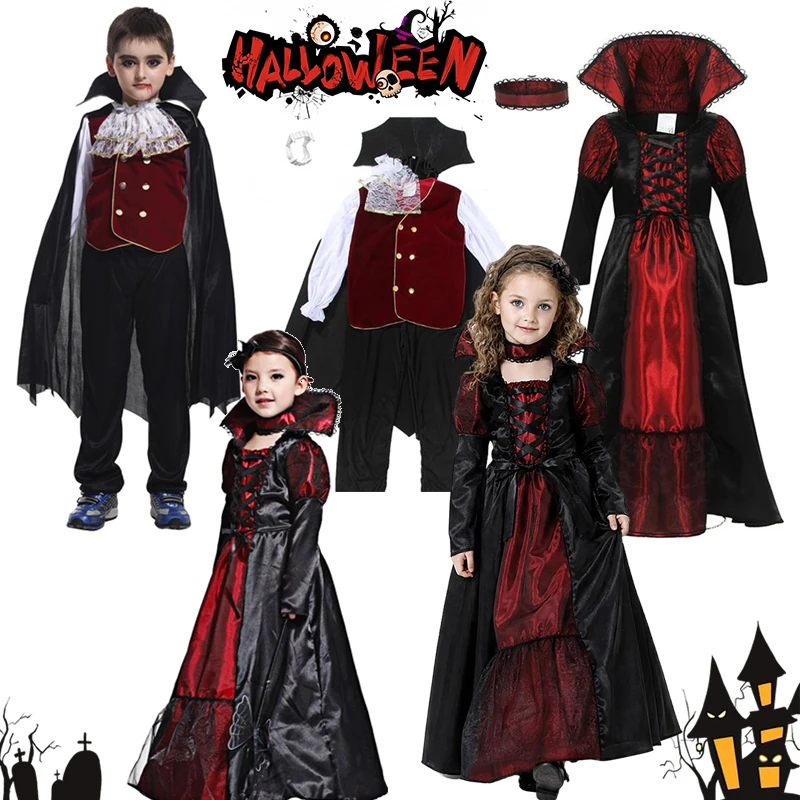 Boys Girls Dual Style Vampire Costume Complete Outfit Long Dress Cape Vest Cloak For Halloween Matching Theme Party Cosplay
