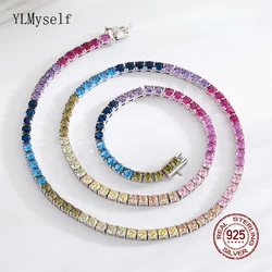 3mm Rainbow Multi-Color Cubic Zirconia 925 Sterling Silver Tennis Chain Necklace for Women, Dainty Jewelry Gift