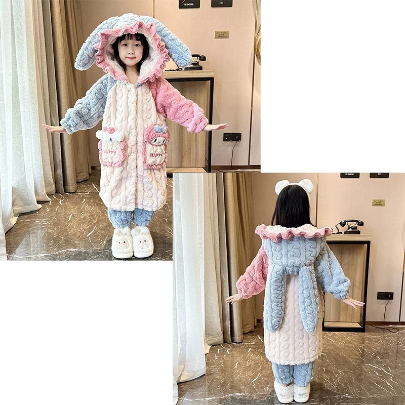 

Sanrio Kids Flannel Pajamas Sets My Melody Girl Cartoon Kawaii Thick Coral Fleece Leisure Wear Autumn/winter Home Clothes New