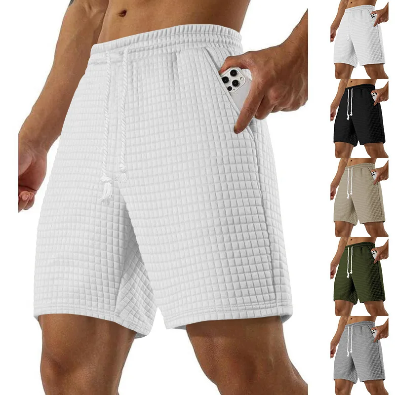 

2025 Summer New Men's Solid Color Small Checkered Comfortable and Simple Straight Shorts for Outerwear Sports and Leisure Shorts