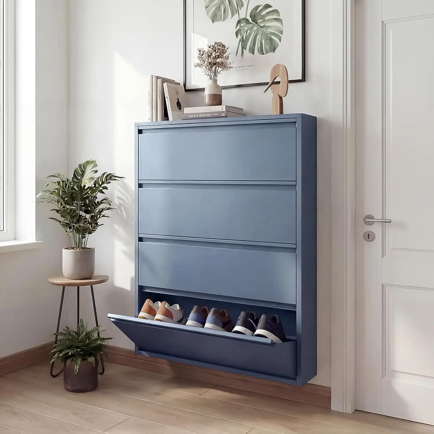 

Тонкий настенный шкаф для обуви с 4 откидными ящиками, скрытое хранение для прихожей, синий