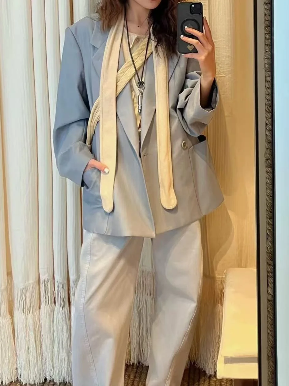 

Women's Grey Suit Jacket Double Breasted Notched Collar Long Sleeve Elegant Ladies Wool Blend Blazer