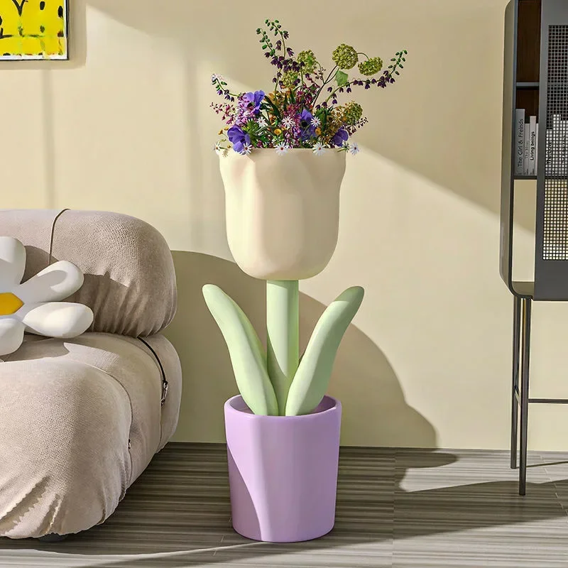 Tulip floor ornament ins large vase simulated flower storage high-end living room room decoration