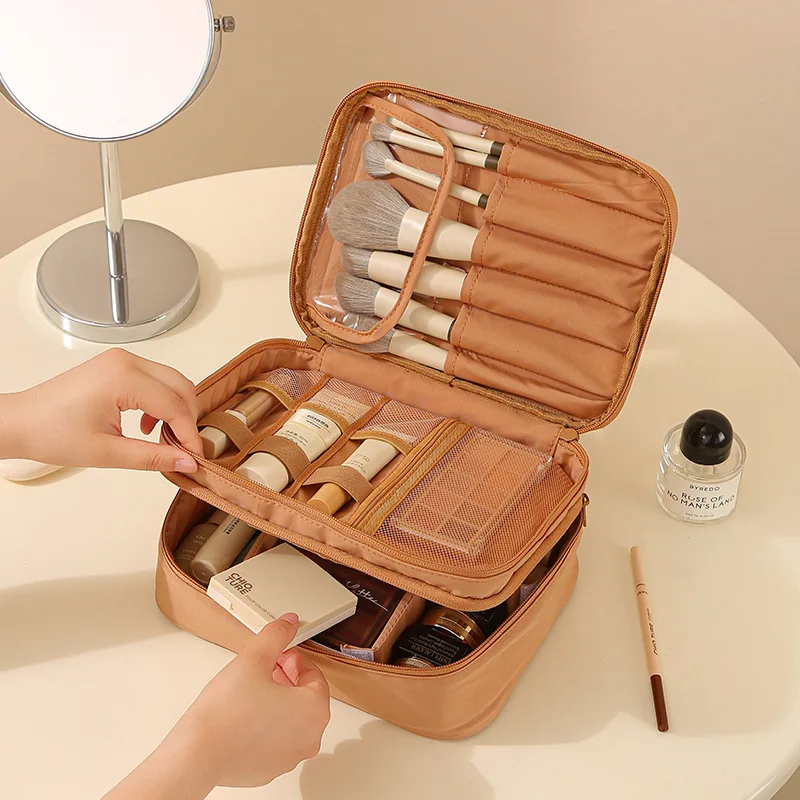 Women's Large Capacity Makeup Bag with Multi-Layer Storage and Brush Holder Travel Cosmetic Organizer for Daily Use