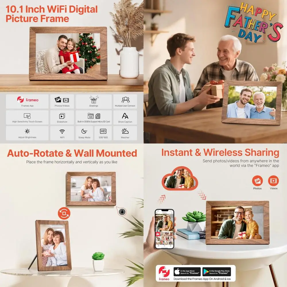 

10.1 WiFi Digital Photo Frame, 32GB Storage, Touchscreen, Auto-Rotate, Wall-Mountable, Share Media Remotely