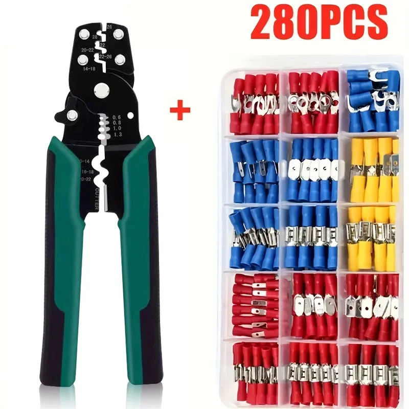 280Pcs Spade Crimp Terminal Connector Kit with 4-in-1 Wire Stripper Copper Contact Crimp Termination Insulated Cable Connectors