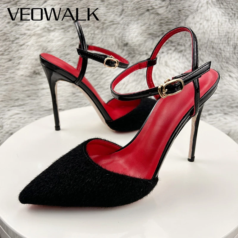 Veowalk Black Hairy Flock Women Elegant Pointed Toe Ankle Strap Stiletto Pumps Red Inside Summer Formal Dress High Heel Shoes