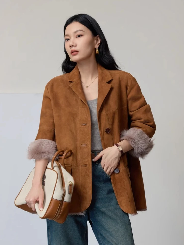 High-end-Luxus Echt Ziegenleder Lamm Pelz Wildleder Mantel für Frauen Einfache Klassische Vintage Echtpelz Echtes Leder winter Blazer Jacke