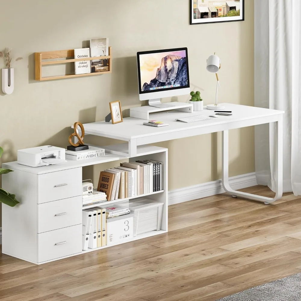 White Desk, L Shaped Desk with Storage and Removable Monitor Stand for Home Office,Executive Desk