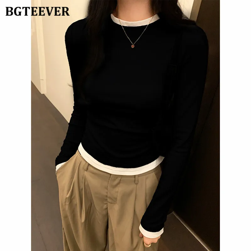 Bgteever-女性用長袖パッチワークカジュアルスリムプルオーバー,ベーシックTシャツ,秋冬ファッション