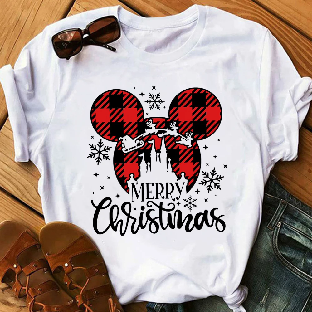 

New Christmas Mickey Women T Shirt Disney Happy Year Ropa Aesthetic Mujer Short Sleeve Home Casual Blouses Xmas Female Tees