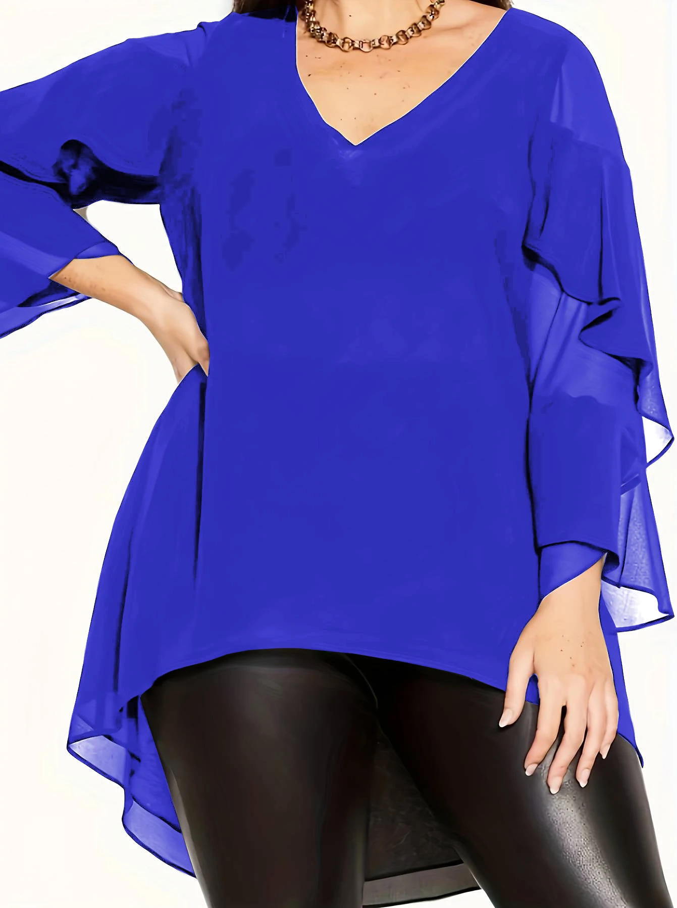 Kobiety Plus Size Szyfonowa koszulka Jesień Nowa moda Warstwowy top z falbanką Siatka Patchwork Asymetryczny dekolt w szpic Elegancka koszulka Top