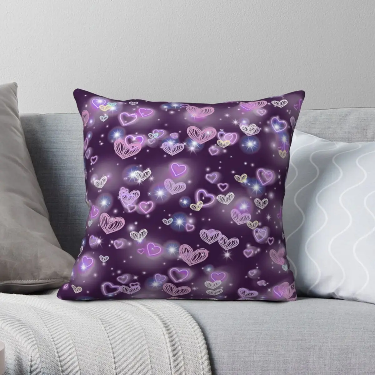 Purple Shining Heart Square Pillowcase Polyester Linen Velvet Creative Zip Decorative Pillow Case Sofa Cushion Cover