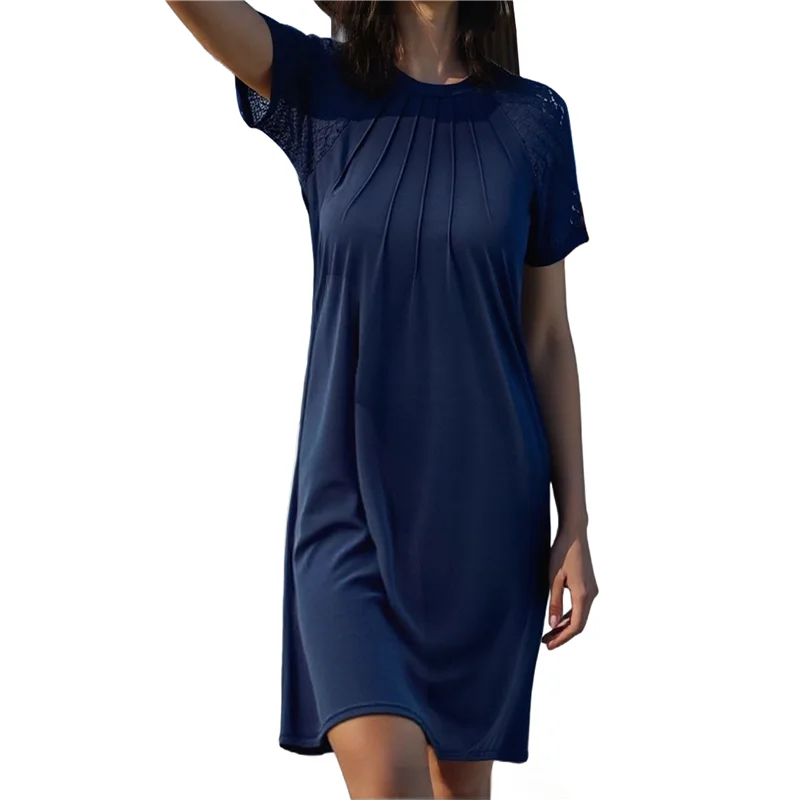 A83F-Women's Summer Short Lace Sleeve T Shirt Dress Casual Crew Neck Pleated Front Shift Dresses