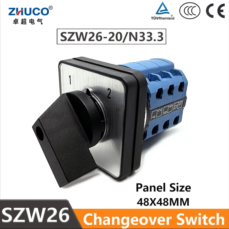 

ZHUCO SZW26/LW26-20 20A 12 Terminals 3 Poles 2 Positions 48X48 mm Panel Silver Contact Transfer Rotary Cam Universal Switch