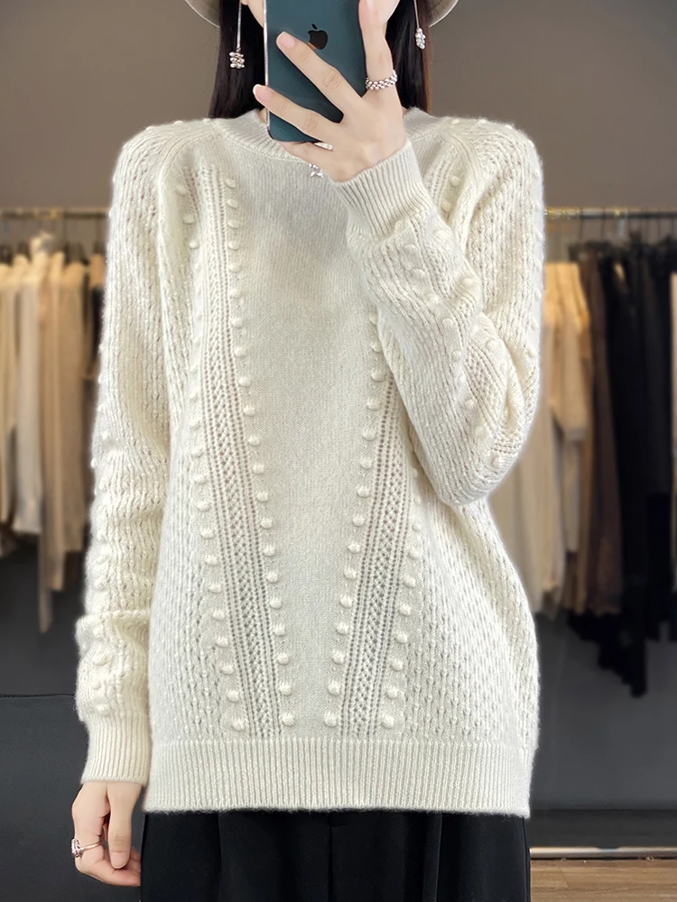 100% Pure Wool Sweaters Women O-Neck Jacquard Knit Pullover Hollow Long-Sleeved Thick Blouse Autumn Winter New Large Size Jacket